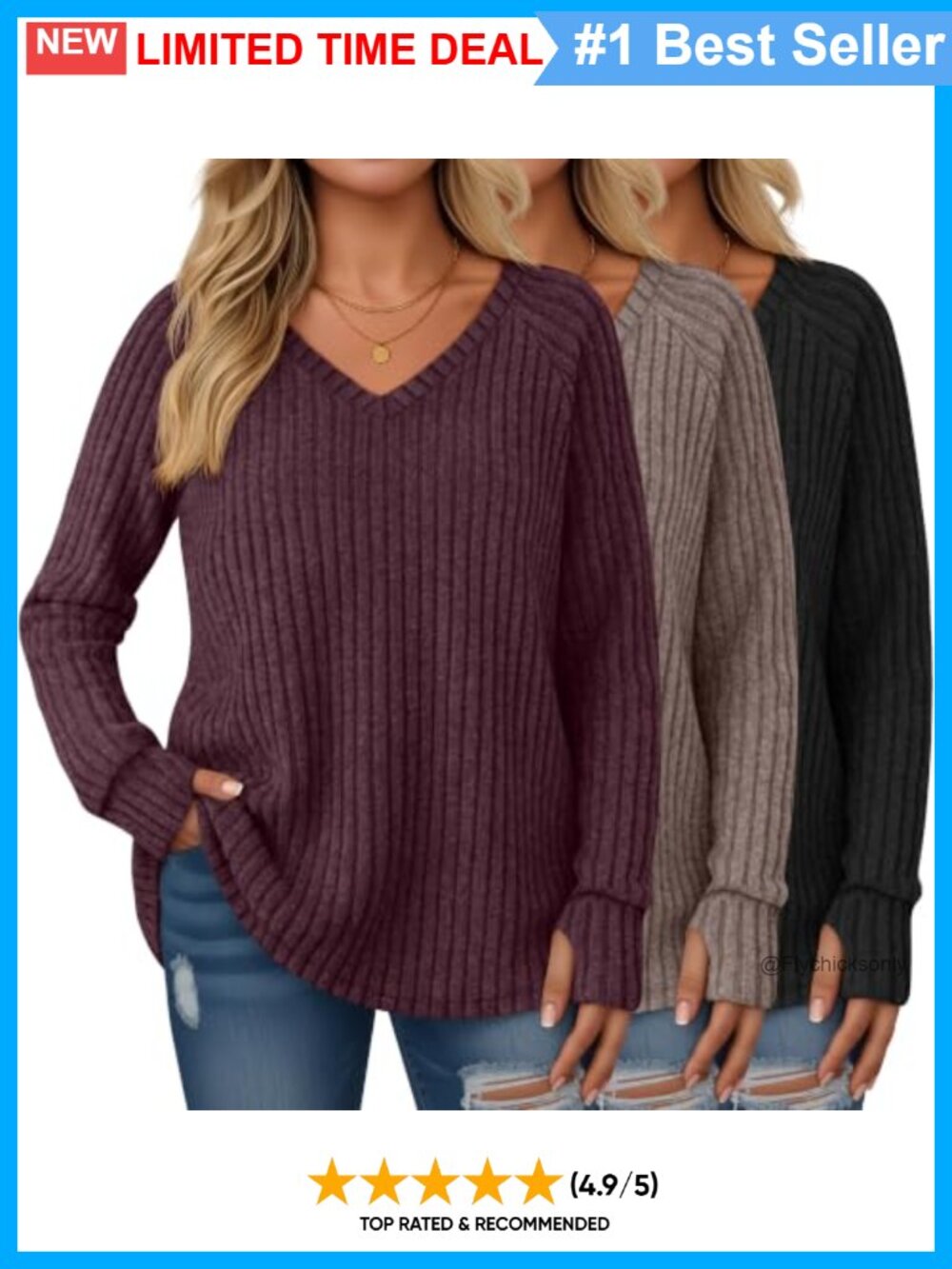 Plus Size Tunic Sweaters V-Neck Thumbholes Brushed Rib Knit 3 Pack